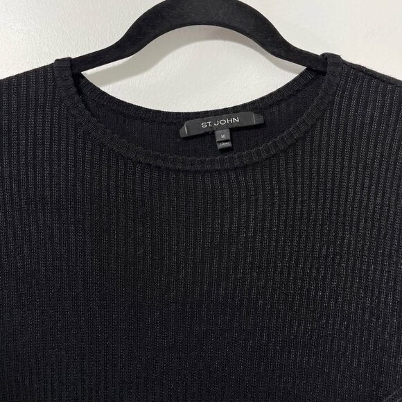 St. John Knits Luxury Black Wool Blend Ribbed Short Sleeve Top [size M] - Picture 2 of 8